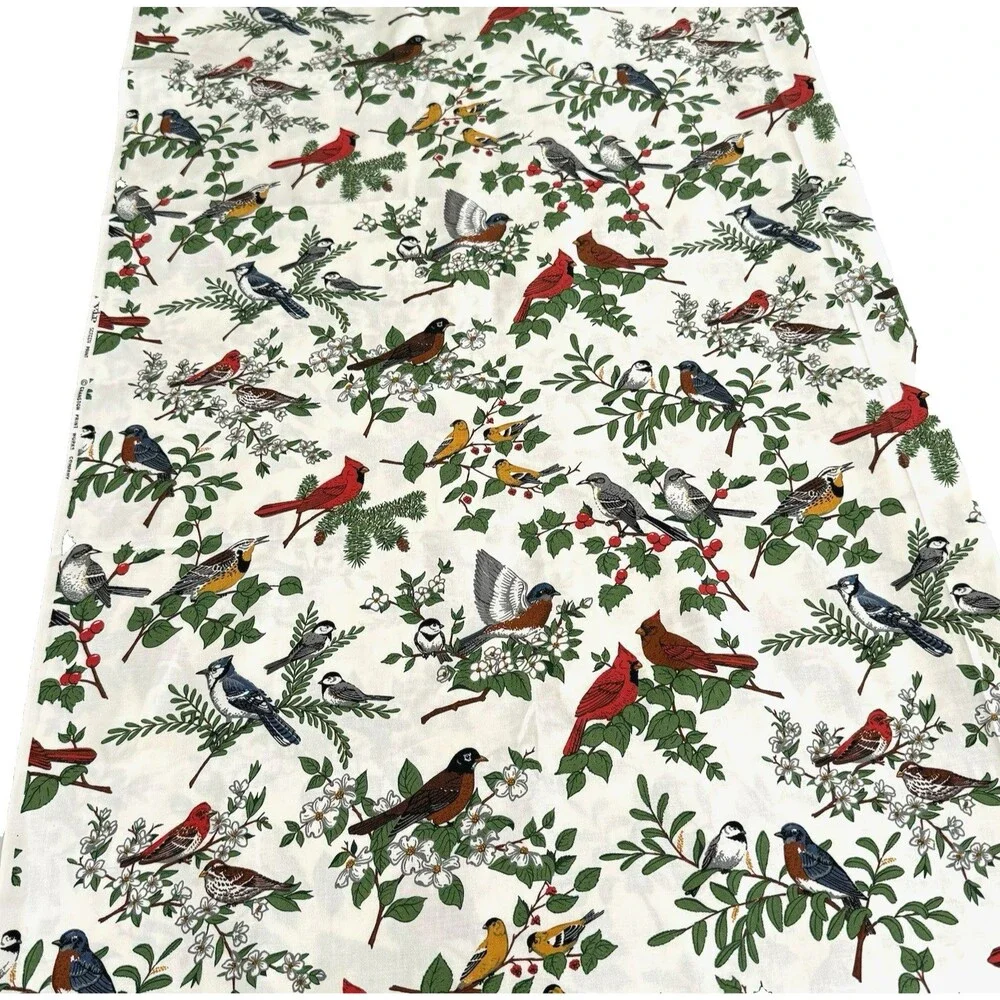 Vtg American Song Bird Fabric Cardinal Blue Jay Cotton Quilt Cranston 94 x 44